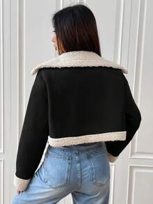 SHEIN EZwear Veste moto zippée pour femme avec col large doublée en teddy