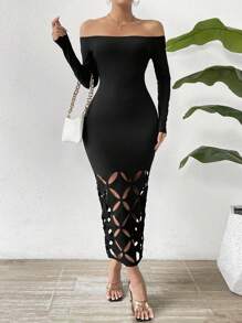 Rafferiza Đầm Ôm Body Khoét Hở Vai Maxi Trang Phục Nữ - màu đen - Xem 3