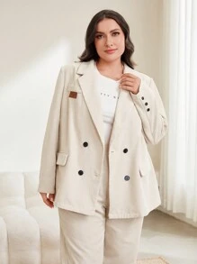 Mulvari 大尺碼女士雙排扣翻領西裝外套和長褲套裝 - 杏色 - 查看 6