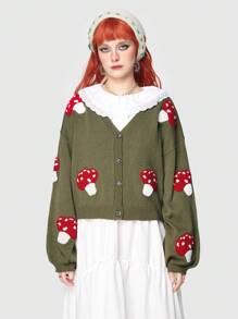 ROMWE Fairycore 女士香菇圖案下垂肩針織開衫毛衣 - 綠色 - 查看 1