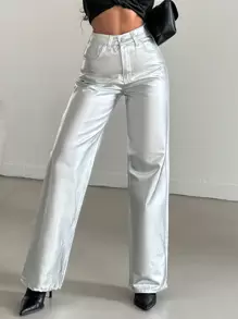 SHEIN Cottnline جينز نسائي مستقيم بلون صلب - فضي - مشاهدة 1
