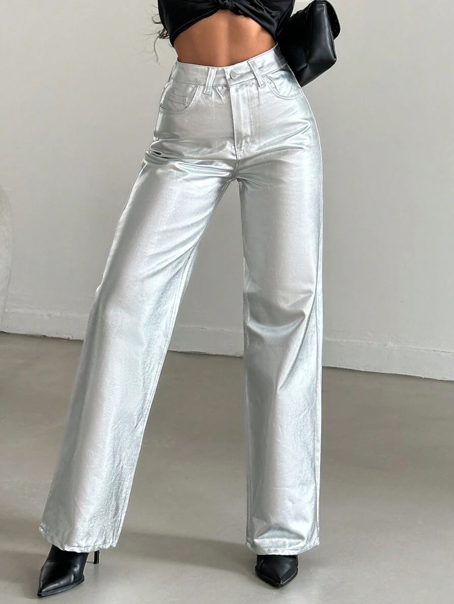 SHEIN Cottnline جينز نسائي مستقيم بلون صلب - فضي - مشاهدة 1