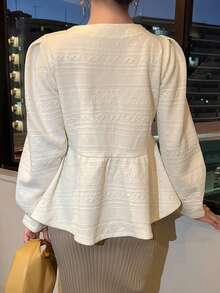 FRIFUL Women's Puff Sleeve Ruffle Hem Jacket - Beige - View 2