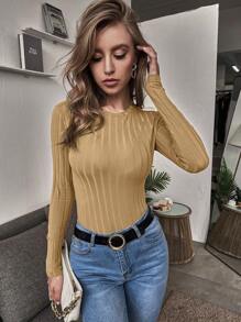 SHEIN Essnce Solid Ribbed Knit Tee - Camel - View 1