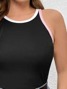 SHEIN LUNE 加肥弹力棉针织无袖上衣 - 黑色 - 查看 4