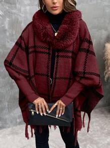 SHEIN Clasi Ladies' Casual Checkered Cardigan With Fur Collar - Burgundy - View 3