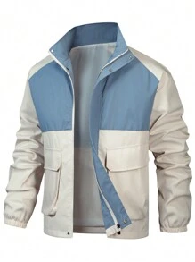 Manfinity Homme 男士雙色翻蓋口拉鍊外套 - 卡其色 - 查看 1