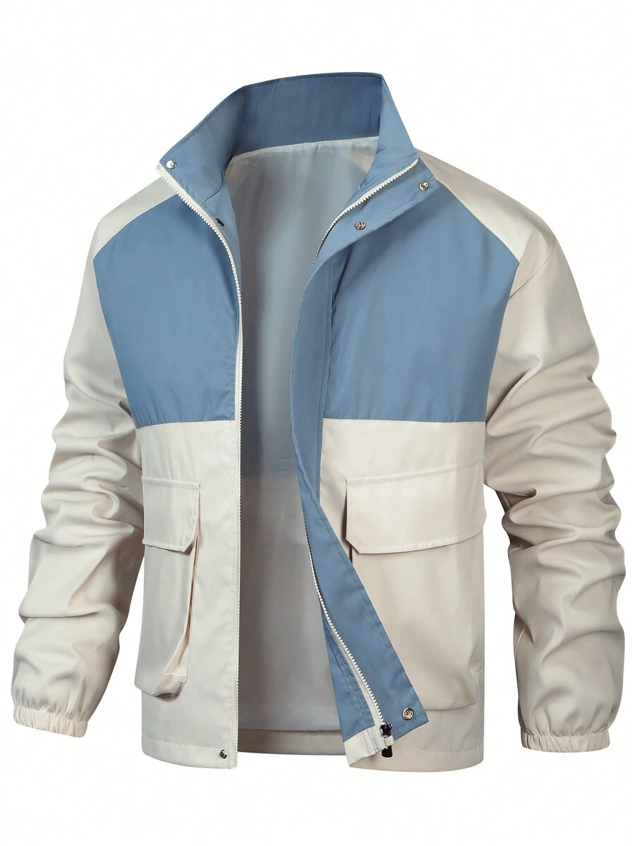 Manfinity Homme 男士雙色翻蓋口拉鍊外套 - 卡其色 - 查看 1