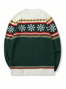 Manfinity Homme 男士幾何圖案麻花編織套頭毛衣 - 綠色 - 查看 2