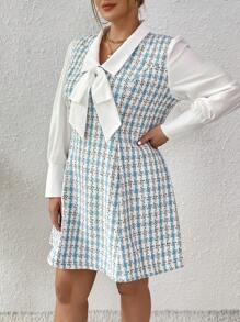 SHEIN Franclia 大碼格紋印花繫帶領假兩件洋裝 - 彩色 - 查看 4