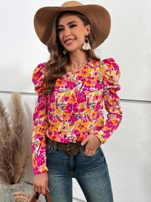 SHEIN VCAY Floral Print Gigot Sleeve Blouse - Multicolor - View 6