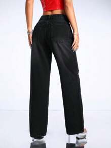 SHEIN ICON Jeans De Pierna Recta Con Gráfico De Letra - Azul - Ver 2