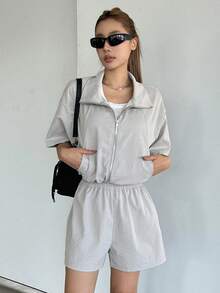 Dazy Star Zipper Front Half Sleeve Top And Shorts Set - Light Grey - View 6