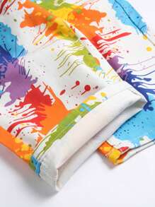 Pantalones cortos de mezclilla sin cinturón con estampado de salpicadura de tinta para hombres - Multicolor - Ver 3