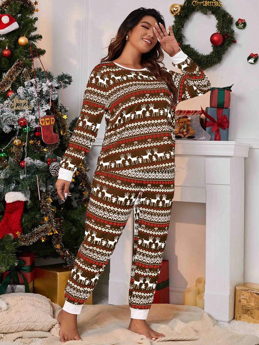 加大碼麋鹿和幾何圖案印花睡衣套裝 - 咖啡棕 - 查看 1