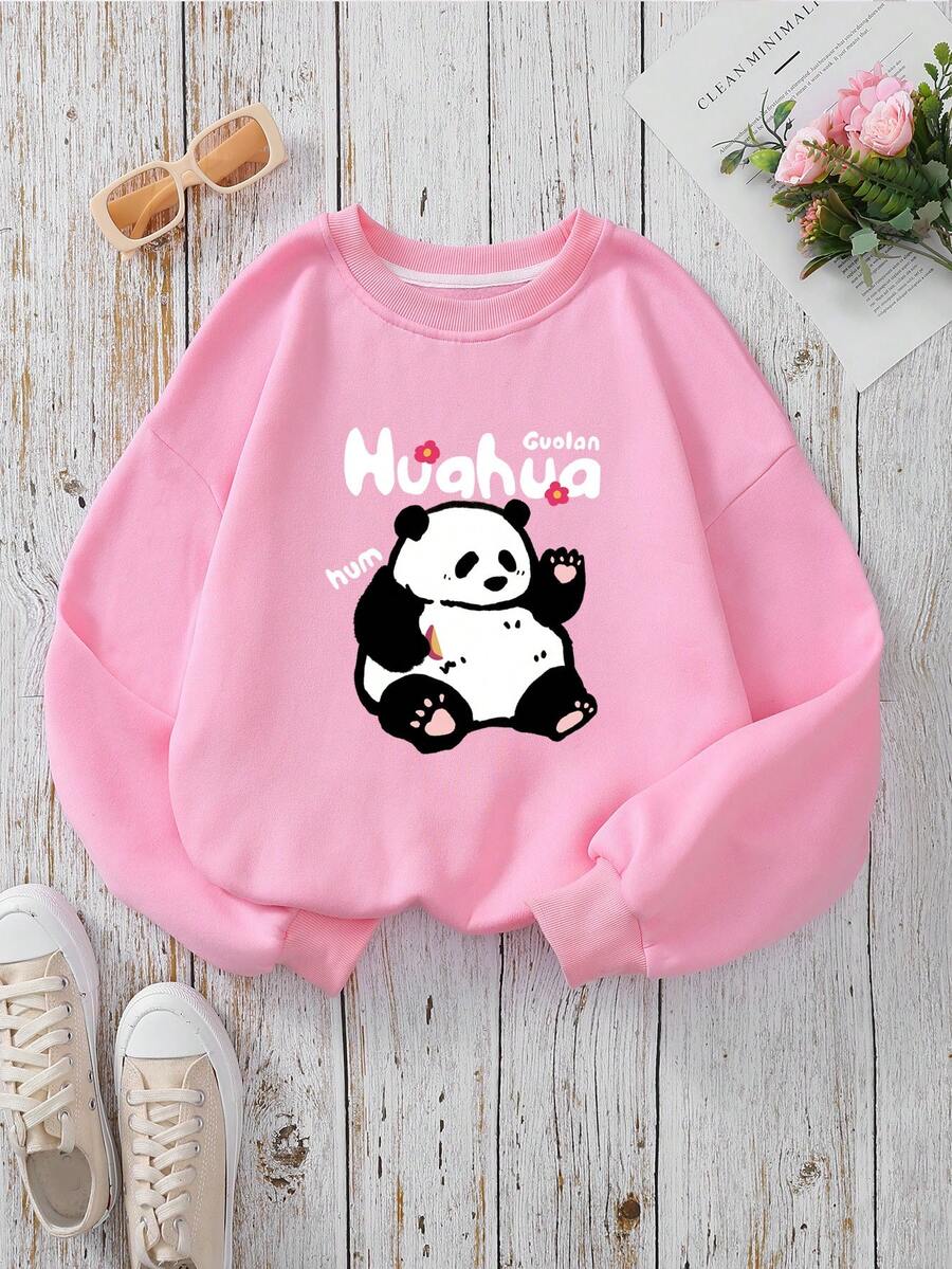 SHEIN EZwear Kích thước lớn Hoạt hình Và In thư Thả vai Lông cừu Áo nỉ - Hồng - Xem 1