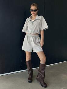 Dazy Star Zipper Front Half Sleeve Top And Shorts Set - Light Grey - View 4