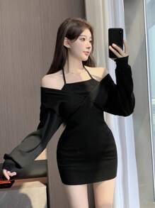DAZY 纯色露背紧身连衣裙，秋装长袖连衣裙 - 黑色 - 查看 5