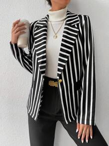 SHEIN Frenchy Striped Print Single Button Blazer - Black - View 4
