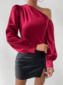 SHEIN Clasi Asymmetrical Collar Lantern Sleeve Satin Shirt - Burgundy - View 6