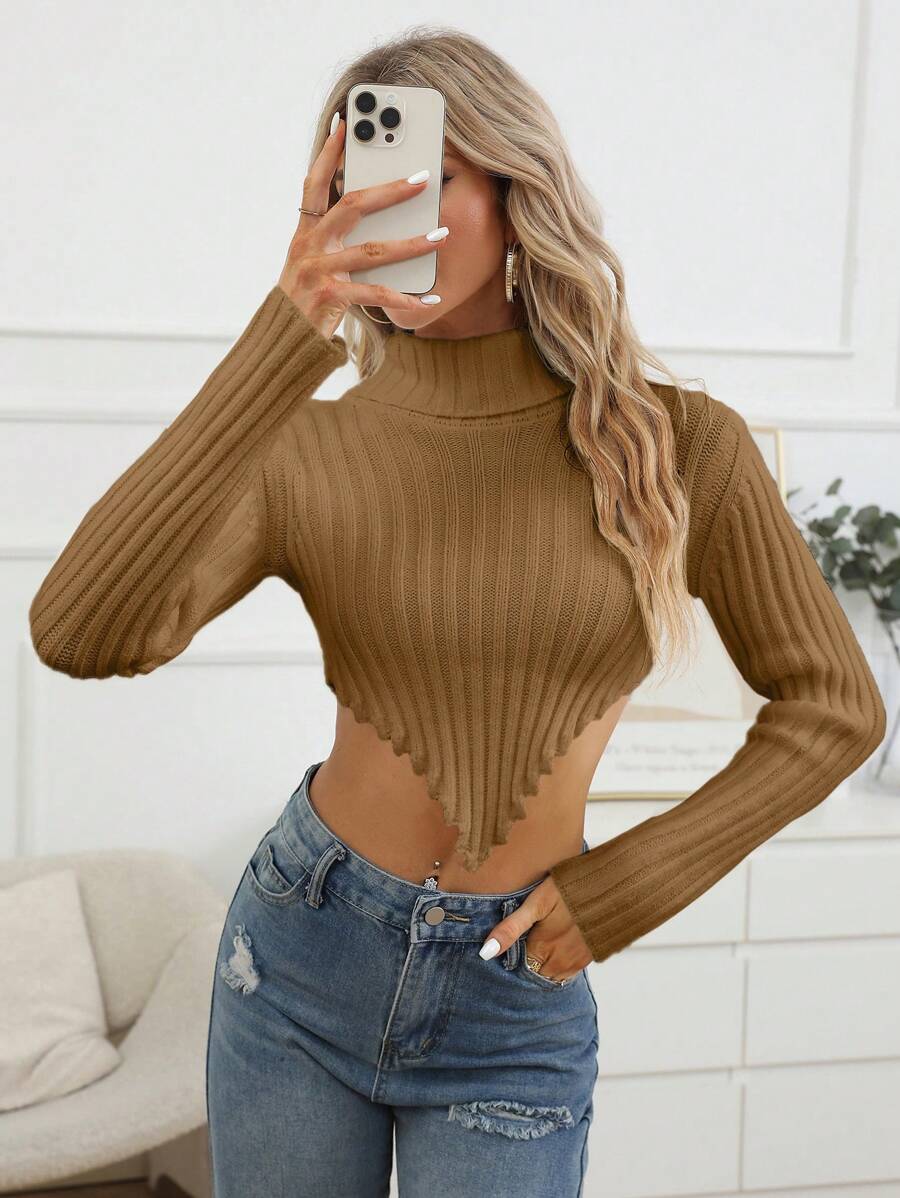 SHEIN Essnce Women  Asymmetrical Hem Cropped Sweater - Camel - View 1