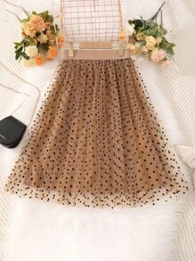 SHEIN Girls' Casual Polka Dot Flocked Mesh Skirt - Brown - View 1