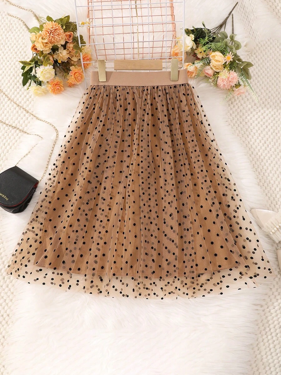 SHEIN Girls' Casual Polka Dot Flocked Mesh Skirt - Brown - View 1