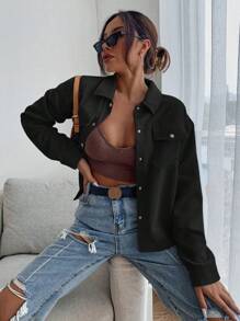 SHEIN EZwear Flap Pocket Button Front Corduroy Black Jacket In Fall/Winter - Black - View 3