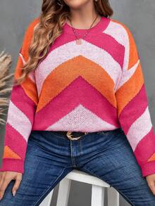 加大號彩色拼接下落肩毛衣 - 彩色 - 查看 6