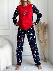 RueChic Letter And Heart Embroidery Flannel Pajama Set - Red - View 4