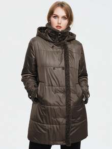 Astrid Plus Size Double Breasted Contrast Teddy Collar Padded Coat - Camel - View 4