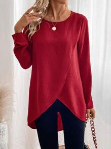 SHEIN LUNE 女士圓領不對稱下擺襯衫 - 酒紅色 - 查看 3