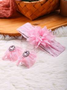 Beborn Baby Girl Rhinestone Decor Lace Socks & Headband Photography Set - Pink - View 3