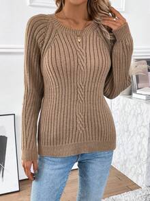EMERY ROSE Round Neck Sweater With Raglan Sleeve - Khaki - View 6