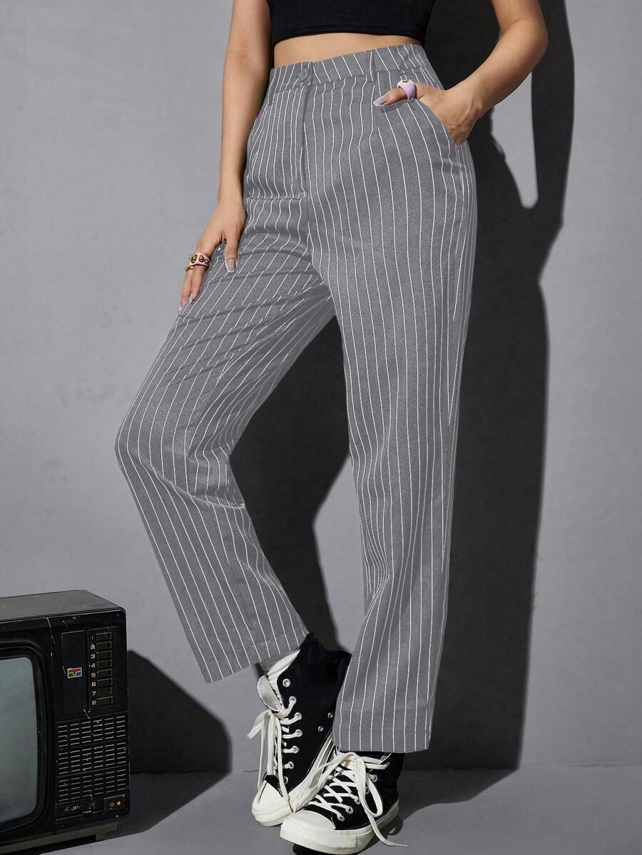 SHEIN Unity 條紋印花西裝褲 - 灰色 - 查看 1