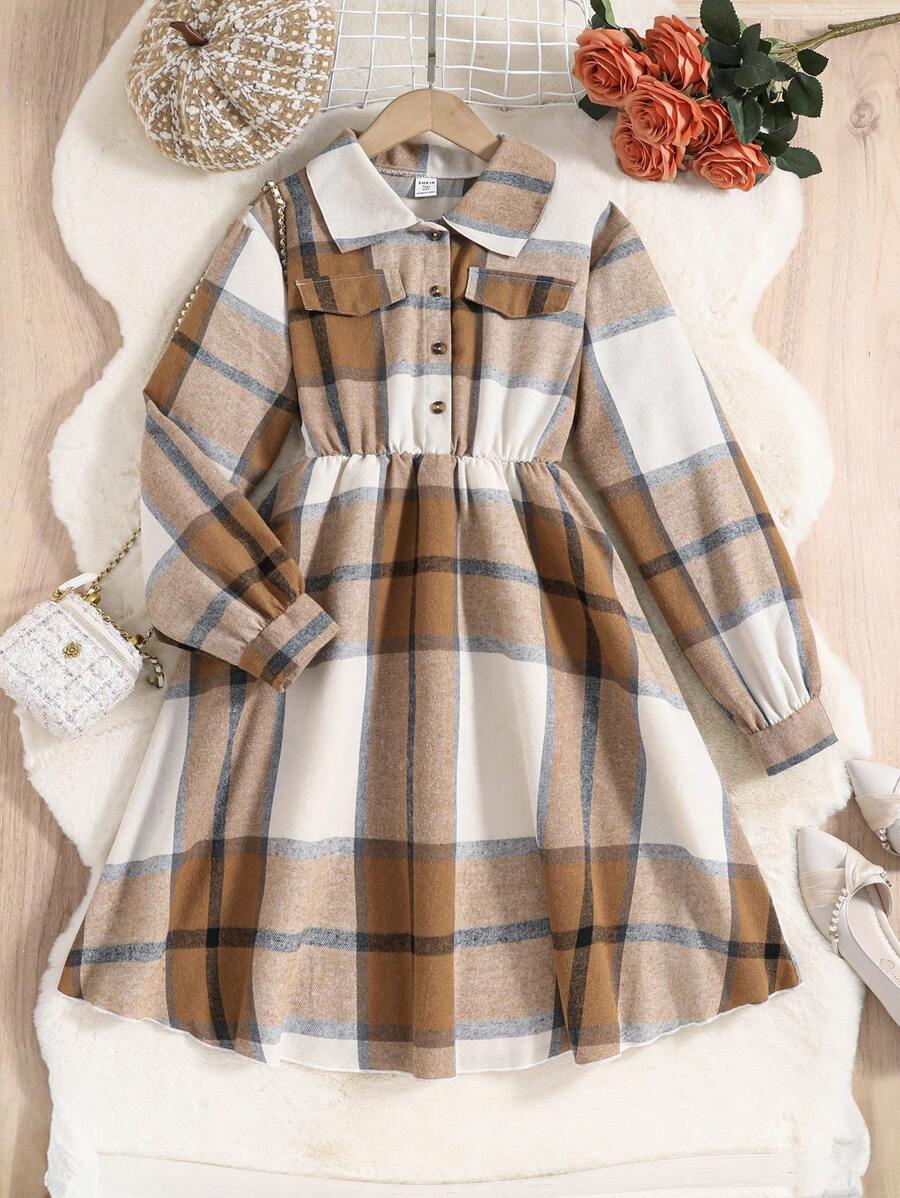 Thiếu niên cô gái In kẻ sọc Nút Nửa Váy sơ mi - Nhiều màu - Xem 1