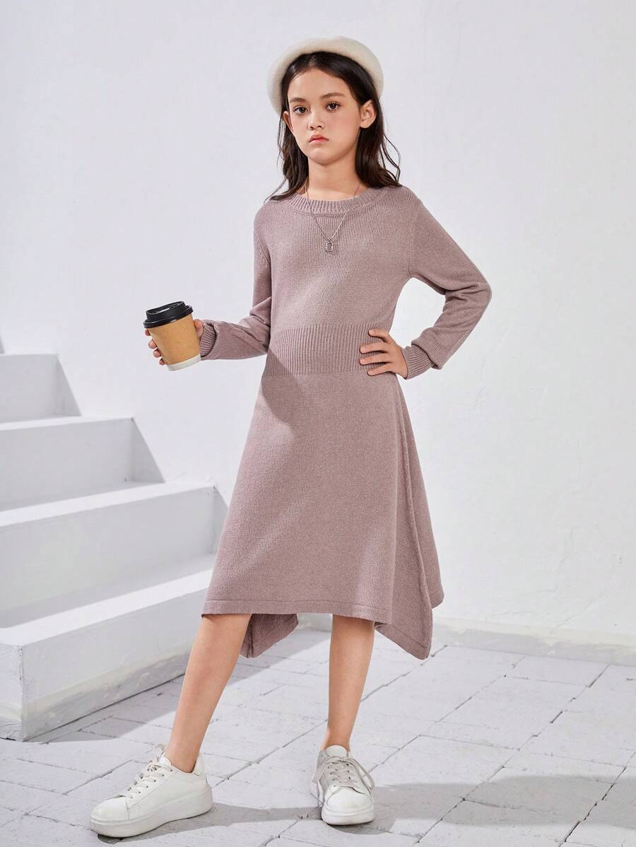 SHEIN Tween Girl Solid A-line Knit Dress - Pink - View 1