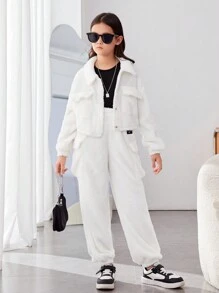 SHEIN 2pcs/Set Tween Girls' Fashionable Street Style Solid Color Double-Sided Velvet Outfit - White - View 5