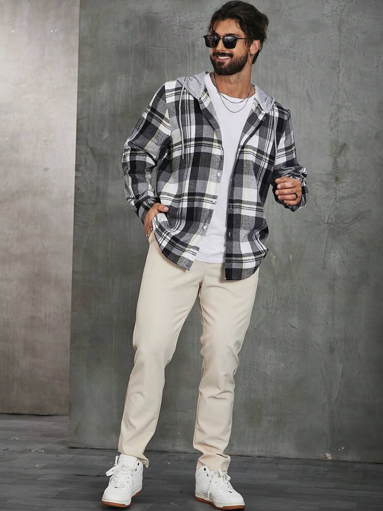 Men Plus Plaid Print Drawstring Hooded Shacket