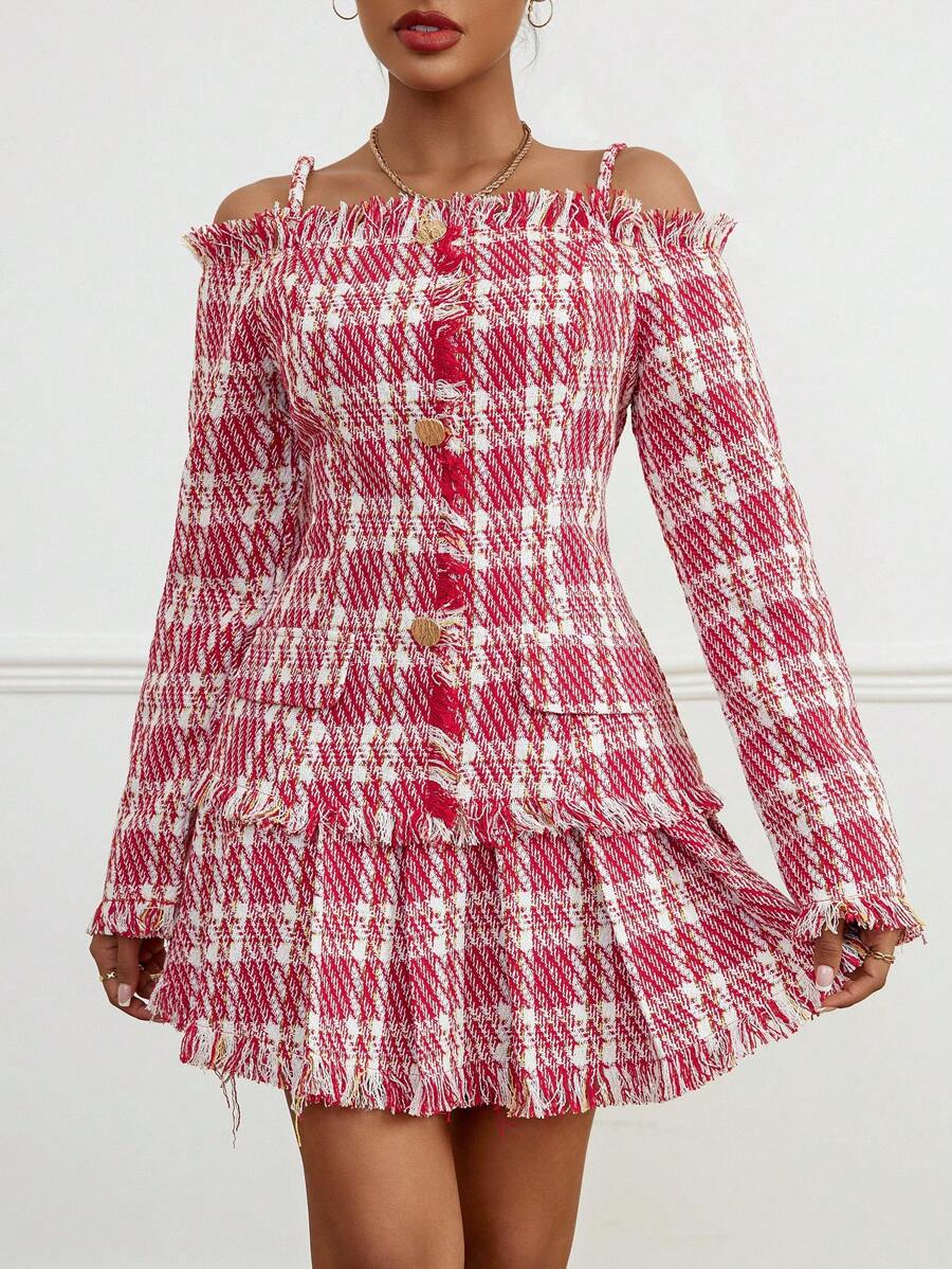 SHEIN Privé 露肩領原邊細節提花夾克和裙子套裝 - 紅色 - 查看 1