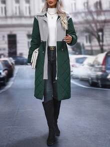 SHEIN LUNE Contrast Color Cinched Waist Padded Padded Coat Clothes Winter - Dark Green - View 5