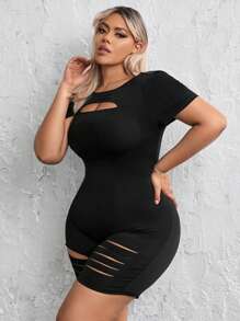 SHEIN SXY Plus Size Hollow Out Design Slim Fit Romper - Black - View 4