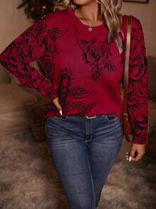 SHEIN LUNE Plus Floral Pattern Sweater - Red - View 3
