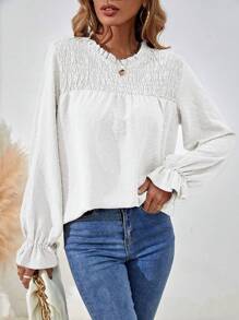 EMERY ROSE Women Blouses Ruffle Frill Shirred Plain Casual - Putih - View 5
