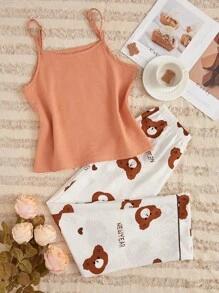 Bear Print Cami Top & Pants PJ Set - Multicolor - View 1