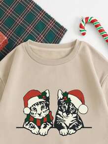 SHEIN EZwear 聖誕節貓咪印花保暖連帽衫 - 杏色 - 查看 5