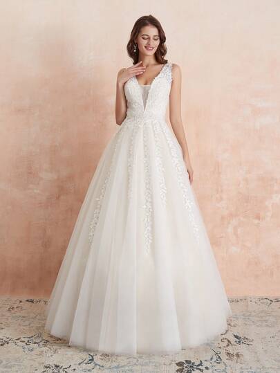 Adult Deep V-neck Pearl Decorated White Wedding Dress
