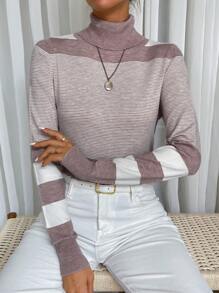 SHEIN LUNE 撞色高领针织套头衫秋冬毛衣 - 卡其色 - 查看 6