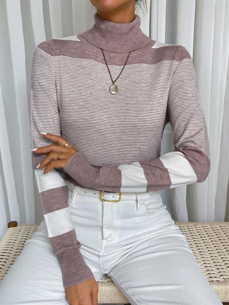 Color Block Turtleneck Knit Pullover Fall Winter Sweater