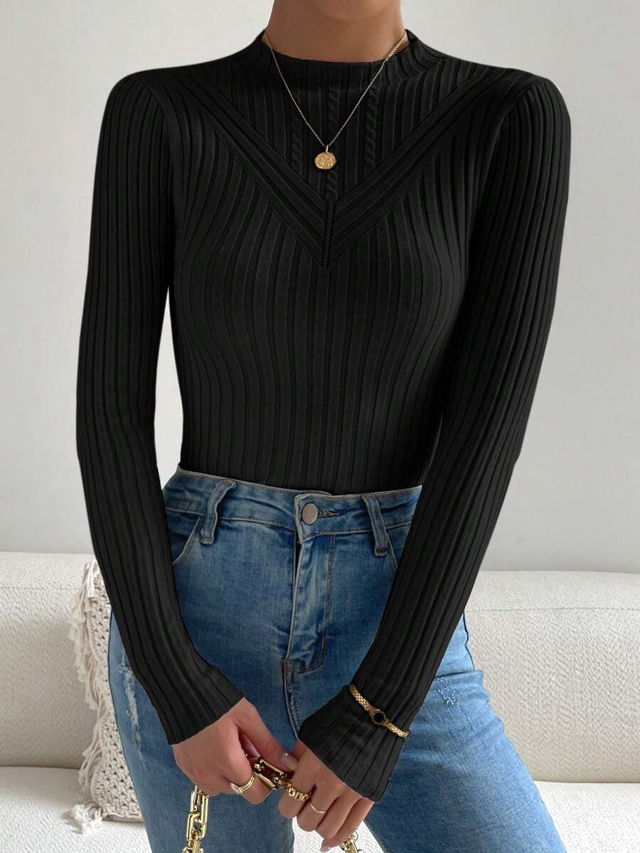 SHEIN Essnce 女性修身套頭衫套頭毛衣 - 黑色 - 查看 1